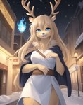 ambiguous_species anthro blonde_hair blue_eyes clothed clothing dress female front_view fur hair looking_at_viewer neck_tuft night open_mouth open_smile outside portrait smile snow solo tarklanse three-quarter_portrait tuft yellow_body yellow_fur