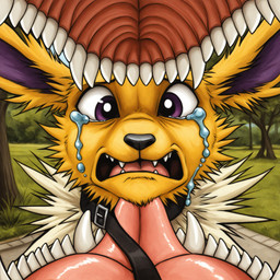 bodily_fluids collar duo fangs feral imminent_vore leash male reverse_mouth_shot tears teeth tongue vore thedavid nintendo pokemon eeveelution generation_1_pokemon jolteon pokemon_(species) hi_res