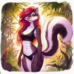 anthro clothed clothing detailed_background director_sunshine female fluffy fluffy_tail fully_clothed fur hair hair_to_side looking_at_viewer mammal mephitid skunk solo