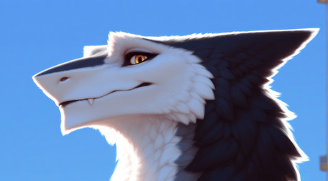 anthro black_body black_fur blue_sky fangs female fluffy_body fur golden_eyes sky solo teeth white_body white_fur auykac sergal absurd_res headshot_portrait hi_res portrait