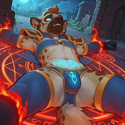 anthro bdsm bondage bottomwear bound bulge clothed clothing crossdressing defeated elemental_manipulation fire fire_manipulation footwear fur legwear lying magic magic_circle magic_user male multicolored_body multicolored_fur on_ground on_side panties paws pose scared socks solo tail thigh_highs underwear womb_tattoo plapenjoyer hyaenid mammal spotted_hyena