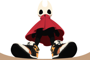 anthro black_body black_eyes cloak clothing female footwear looking_at_viewer low-angle_view red_clothing shoes simple_background solo standing white_background kbi hollow_knight_(franchise) team_cherry hornet_(hollow_knight) animal_humanoid arthropod arthropod_humanoid humanoid 2025