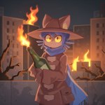 ambiguous_gender anthro baggy_clothing blue_hair city city_background clothed clothing coat domestic_cat felid feline felis fire foxgirlai front_view hair hat headgear headwear looking_at_viewer mammal molotov_cocktail niko_(oneshot) scarf solo topwear