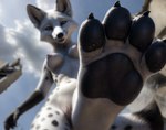 4_toes anthro backlighting breasts canid canine city_destruction claws cloud depth_of_field feet female foot_focus fox fur green_eyes hi_res light lighting macro mammal nipples pawpads perspective sky solo spots spotted_body stablexai stomping toes white_body white_fur