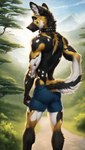 absurd_res african_wild_dog anthro bottomwear bumblebee95 butt canid canine clothed clothing collar detailed detailed_background detailed_fur fluffy fluffy_tail hi_res male mammal muscular realistic shorts solo tight_clothing topless