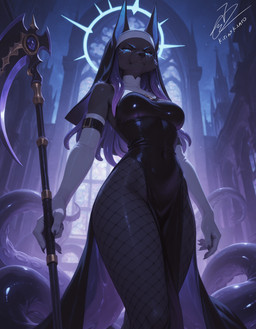 anthro blue_eyes clothed clothing detailed_background female fishnet gloves hair handwear holding_object holding_weapon long_hair looking_at_viewer low-angle_view melee_weapon nun nun_habit solo standing tentacles weapon kirinokanro luxur_(kirinokanro) canid canine mammal hi_res