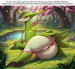 butt cherry_blossom female feral flower genitals grass laying light light_beam lying on_side petals plant pond presenting presenting_hindquarters presenting_pussy pussy rock solo sunbeam sunlight text lightning7 nintendo pokemon pokemon_(species) absurd_res hi_res