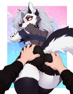 anthro black_body black_clothing black_fur black_nose bottomwear breasts butt butt_grab camel_toe clothing collar crop_top duo faceless_character faceless_human faceless_male female first_person_view fluffy fluffy_tail fur grey_body grey_fur hair hand_on_butt legwear looking_at_viewer looking_back looking_back_at_viewer male male/female pale_skin red_sclera shirt shorts silver_hair spiked_collar spikes stockings sweater topwear under_boob white_body white_eyes white_fur gshepanon helluva_boss loona_(helluva_boss) canid canid_demon canine canis demon hellhound human mammal wolf hi_res