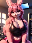 anthro bottomwear bra bratz busty clothing female fist fluffy fur gym hair looking_at_viewer pink_body pink_fur pink_hair shorts solo solo_focus sports_bra underwear leonoser lagomorph leporid mammal rabbit absurd_res hi_res