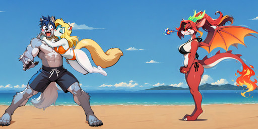 3_toes 4_toes 5_fingers abs anthro athletic athletic_anthro barefoot beach big_breasts bikini bikini_bottom bikini_top black_bikini black_clothing black_nose black_swimwear blonde_hair blue_eyes blue_hair bottomwear breasts claws cleavage clothed clothing cloud countershading day detailed_background digitigrade elemental_manipulation embrace eyes_closed fangs feet female finger_claws fingers fire fire_manipulation fur grey_body grey_fur group hair heart_symbol horn hug long_hair looking_at_another male male/female married_couple membrane_(anatomy) membrane_anatomy membranous_wings multicolored_body multicolored_fur muscular muscular_anthro muscular_male mythology navel open_mouth open_smile orange_body outside pawpads paws red_body red_hair red_scales sand scales sea seaside shorts side-tie_bikini side_tie_clothing side_tie_swimwear size_difference sky smaller_female smile standing string_bikini swimming_trunks swimwear tail teeth toe_claws toes tongue tongue_out topless triangle_bikini trio tuft two_tone_body two_tone_fur water white_body white_fur wings thebigbradwulf brad_wulf_(thebigbradwulf) emberlynn_(thebigbradwulf) minerva_mink canid canine canis dragon humanoid mammal mink mustelid musteline mythological_creature mythological_scalie scalie true_musteline wolf digital_media_(artwork) hi_res