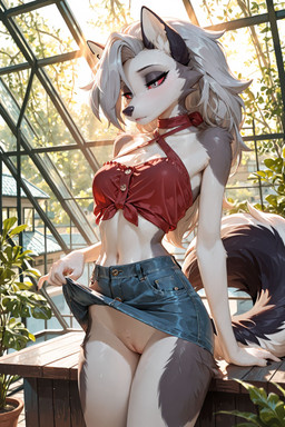 abs anthro athletic black_nose bottomwear bottomwear_pull bow_choker breasts choker clothed clothing clothing_lift clothing_pull crop_top denim denim_clothing denim_skirt exposed_breasts eyebrow_through_hair eyebrows eyelashes female fluffy fluffy_tail fur genitals grey_body grey_fur h hair halter_top inside jewelry large_breasts looking_at_viewer miniskirt navel necklace plant_pot pussy red_choker red_eyes red_jewelry red_necklace red_top seductive shirt skirt skirt_lift skirt_pull solo tail tongue topwear translucent translucent_hair white_body white_fur wood_floor anthroai hellaverse helluva_boss loona_(helluva_boss) canid canine mammal absurd_res hi_res