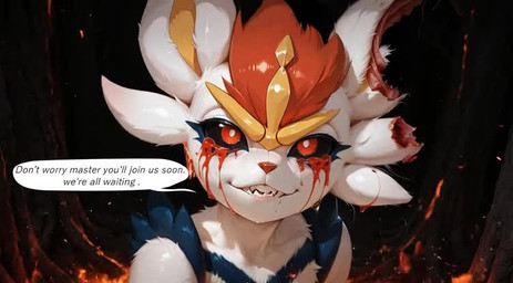 ambiguous_gender anthro black_sclera blood blood_on_face blue_body bodily_fluids creepy creepy_smile crying dialogue fire fur gore looking_at_viewer open_mouth plant red_eyes smile solo speech_bubble talking_to_viewer tears teeth text tree white_body white_fur cockaforce towersmash nintendo pokemon cinderace generation_8_pokemon lagomorph mammal pokemon_(species) animated english_text short_playtime webm