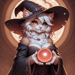 4_fingers anthro breasts cleavage clothed clothing female fingers fluffy hat headgear headwear heterochromia large_breasts looking_at_viewer magic_user neck_tuft orb solo tuft witch witch_hat nonimousmate domestic_cat felid feline felis mammal hi_res