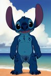 4_toes absurd_res alien anthro balls beach beach_background black_eyes blue_body blue_fur chest_tuft experiment_(lilo_and_stitch) feet flaccid foreskin fur genitals head_tuft hi_res humanoid_genitalia humanoid_hands humanoid_penis lilo_and_stitch male markings navel nude open_mouth open_smile penis seaside small_penis smile solo standing stitch_(lilo_and_stitch) toes tuft unknown_director