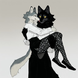 black_body black_fur black_nose bottomwear bridal_carry carrying carrying_another carrying_partner clothed clothing dress_shirt duo face_lick female female/female footwear fur grey_body grey_fur inner_ear_fluff legwear licking multicolored_body pattern_clothing shirt shoes simple_background skirt smile standing stockings teeth tongue tongue_out topwear tuft white_body white_fur yellow_eyes anotheranon canid canine canis mammal wolf hi_res