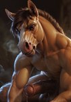 animal_genitalia animal_penis anthro balls big_balls big_penis black_background bodily_fluids cerinil dripping equid equine equine_genitalia equine_penis erection genital_fluids genitals hi_res horse looking_at_viewer male mammal muscular muscular_male musk musk_clouds nipples nude penis precum precum_drip simple_background sitting smile smirk solo sweat sweaty