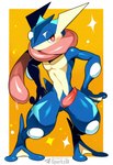 animal_genitalia anthro biped blue_body border dripping erection genital_slit genitals long_tongue male penis simple_background skinny slit solo tapering_penis text tongue sergalbutt nintendo pokemon generation_6_pokemon greninja pokemon_(species) full-length_portrait hi_res portrait signature url