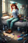 anthro barefoot bed biped blush bottomwear breasts clothed clothing feet female fully_clothed furniture messy pants pillow shirt sitting solo topwear trash anonymous_director cervid mammal 2024