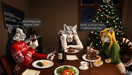 alcohol anthro beverage caption christmas christmas_tree clock clothing container cup cutlery dinner drinking_glass evening female food fork fur furniture glass glass_container glass_cup group kitchen_utensils meat plant plate salad sausage smartwatch sweater table tea_cup tools topwear tree trio watch white_body white_fur window wine wine_glass winter whisterb-art arctic_fox canid canine felid feline fox leopardus mammal ocelot pantherine snow_leopard hi_res