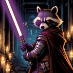 anthro armor belt belt_pouch black_nose brown_body brown_fur candle cloak clothing dark_background fur inside intense_gaze lightsaber male markings melee_weapon science_fiction solo standing weapon a_tair_in_reality guardians_of_the_galaxy star_wars rocket_raccoon mammal procyonid raccoon hi_res