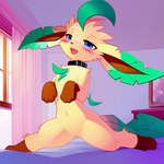 bed bedroom bedroom_eyes blush collar female feral flexible fluffy furniture half-closed_eyes leaf_ears leaf_tail leafeonspirit looking_up narrowed_eyes nintendo open_mouth painting_(object) seductive solo splits spread_legs spreading tan_body window eeveelution generation_4_pokemon leafeon pokemon_(species) hi_res