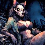 anthro bone breasts canid cleavage clothed clothing director_sunshine female fully_clothed fur hair looking_at_viewer mammal monster navel skimpy skull skull_head solo wendigo