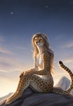 anthro blonde_hair cloudy digitigrade female green_eyes hair hands_on_knees hands_on_legs long_hair looking_up mountains nude rock sitting sky smile solo spots star starry_sky sunset tasteful_nudity director_crashbandit cheetah felid feline mammal hi_res novelai