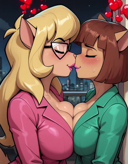 <3 anthro big_breasts blonde_hair blush bodily_fluids breast_squish breasts breasts_frottage brown_body brown_eyes brown_hair city cleavage clothed clothing duo eye_contact eyewear female female/female female_anthro formal_wear french_kissing glasses green_clothing green_eyes hair kissing lipstick looking_at_another makeup pink_clothing pink_lipstick saliva saliva_string squish suit sweat tan_body tongue tongue_out topwear wan2.2 gridanon ann_gora callie_briggs domestic_cat felid feline felis mammal animated short_playtime webm