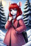 accessory anthro bag blue_eyes clothed clothing container female fur hair looking_at_viewer purse red_hair smile smiling_at_viewer snow white_body white_fur winter winter_background curiskwirl dierdre_(curiskwirl) gerbil mammal murid rodent attempted_signature signature