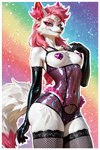 anthro armwear belly bottomwear breasts camel_toe chest_tuft clothed clothing curvy_figure elbow_gloves eye_markings eye_scar facial_scar female fishnet fishnet_clothing fishnet_legwear fishnet_topwear fox_spirit front_view fur genitals gloves hair handwear hotpants inner_ear_fluff latex latex_clothing legwear long_hair looking_at_viewer markings multi_tail navel pasties pink_hair purple_eyes pussy rainbow_background scar shorts simple_background skimpy small_breasts smile solo standing tail thick_thighs thigh_highs topwear translucent translucent_clothing tuft white_body white_fur wide_hips chamir136_(director) beastars kimiko_(fortnite) canid canine fox humanoid mammal hi_res