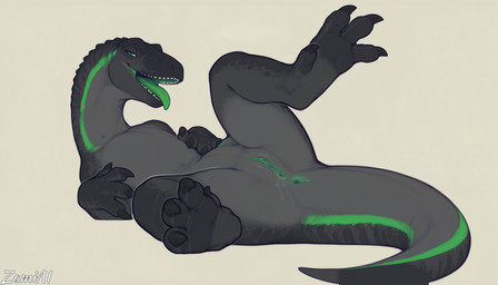 anus bodily_fluids claws female feral genital_fluids genitals green_anus green_eyes green_pussy green_tongue looking_at_viewer lying markings on_back pussy pussy_juice solo spread_legs spreading striped_markings stripes tongue zamiai dinosaur reptile scalie absurd_res hi_res