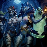 anthro bandages belt blue_body blue_fur breasts castle female forest fur group looking_at_viewer male melee_weapon moon night nude pirate pirate_hat plant standing sword torch tree weapon uverage_(director) canid canine canis ghost mammal spirit wolf hi_res