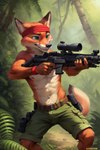 anthro bandanna belt bottomwear clothed clothing gun holding_gun holding_object holding_weapon jungle kerchief male plant ranged_weapon rifle shorts sniper_rifle solo topless topless_male tree weapon zootopia hank94_(director) nick_wilde canid canine fox mammal attempted_signature hi_res