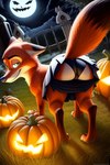 all_fours anthro bottomwear butt cemetery clothed clothing clothing_lift disney food fruit fur genitals gown green_eyes halloween looking_at_viewer looking_back male moon narrowed_eyes night panties plant presenting pumpkin raised_tail skirt skirt_lift smile smiling_at_viewer solo tombstone underwear zootopia angry_puppy nick_wilde canid canine fox mammal