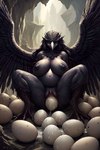 anthro avian black_body black_feathers bodily_fluids breasts cave detailed_background director_doccroc egg egg_from_pussy egg_laying feathers female feral genital_fluids genitals harpy hi_res mythological_avian oviposition solo spread_wings wings yellow_eyes