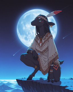 4_fingers accessory anklet anthro biped black_body black_fur black_hair blue_eyes bottomless bracelet breasts cliff clothed clothed_anthro clothed_female clothing cloven_hooves crouching detailed_background ear_piercing ear_ring eye_markings eyebrows feather_in_hair feathers female female_anthro fingers full_moon fur hair hair_accessory headband hooved_fingers hooves jewelry kneeling light long_hair looking_forward loose_feather markings monotone_body monotone_hair moon moonlight native_american necklace night on_one_knee outside piercing poncho pupils red_markings ring ring_(jewelry) ring_piercing short_tail sky smile solo star tail tan_clothing tribal tribal_markings unguligrade white_clothing white_pupils burioth bovid caprine goat mammal absurd_res detailed digital_media_(artwork) hi_res shaded