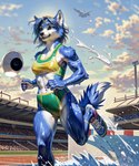 anthro blue_body bunhuggers clothing female running solo steeplechase_(track_and_field) track_and_field wet wet_body wet_clothing gusc3 nintendo star_fox krystal_(star_fox) canid canine fox mammal hi_res