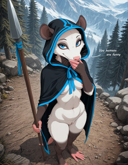 anthro barefoot black_cloak blue_eyes breasts cloak_only covering covering_mouth evergreen_tree eyelashes fantasy feet female fur genitals high-angle_view holding_object holding_weapon hood_up laughing looking_at_viewer medieval melee_weapon mostly_nude mountain nipples outside pine_tree plant polearm pussy ribbon solo spear text trail tree weapon whiskers white_body white_fur wide_hips terraraptor american_opossum director_name english_text hi_res