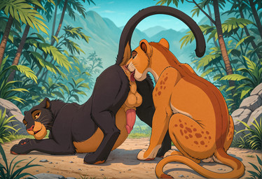 anal animal_genitalia animal_penis anus ass_up backsack balls black_body black_fur bodily_fluids brown_nose butt_sniffing dipstick_tail dripping duo erection feline_genitalia feline_penis feral feral_on_feral fur genital_fluids genitals half-closed_eyes jungle licking looking_back looking_pleasured male male/male markings mountains multicolored_body multicolored_fur narrowed_eyes nose_to_anus open_mouth oral outside penis perineum pink_nose plant precum precum_drip presenting presenting_anus quadruped raised_tail red_eyes rimming rock saliva seductive sex sitting smile sniffing spots spreading tail tail_markings tan_body tan_fur tongue tongue_out tree two_tone_body two_tone_fur whiskers yellow_sclera mzuri felid feline lion mammal pantherine hi_res