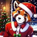 absurd_res ailurid anthro christmas_clothing christmas_headwear christmas_present christmas_tree clothing frosting.ai fur happy hat headgear headwear hi_res living_room looking_at_viewer male mammal mr_diddlez orange_body orange_fur plant red_panda rosso_(mr_diddlez) santa_hat snow snow_on_ground solo tree window