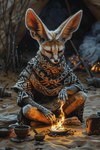 anthro barefoot campfire cooking feet fire male sand shawl smoke solo teapot bahufaru kafeel_scirocco_(bahufaru) canid canine fennec fox mammal attempted_signature hi_res