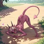 <3 anthro ass_up blush breasts female green_eyes horn jhonny09 lizard namah_calah nude outside pink_body pink_skin plant reptile scalie solo spade_tail tree