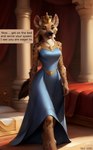 absurd_res anthro athletic athletic_female bed bedroom blue_clothing blue_dress brown_body brown_fur clothed clothing crown dialogue dress female fur furniture hi_res hyaenid looking_at_viewer mammal queen royalty seductive sitting solo spots spotted_body spotted_fur trake_legend watermark