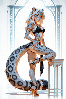 4_toes 5_fingers abstract_background anthro bangle big_tail blue_eyes breasts claws clothed clothing ear_piercing ear_ring eyelashes eyeshadow feet female fingers footwear fur furniture gem grey_body grey_fur hair hand_on_butt harem_outfit high_heeled_sandals high_heels jewelry light long_eyelashes long_hair looking_at_viewer makeup multicolored_body multicolored_fur necklace nipple_outline on_one_leg piercing pinup plantigrade pose presenting rear_view ring_piercing sandals seductive shadow simple_background skimpy slim slim_female small_breasts smile smirk solo spots standing stiletto_heels table tail teasing toe_claws toes two_tone_body two_tone_fur white_background white_body white_fur white_hair merl felid mammal pantherine snow_leopard full-length_portrait hi_res lighting portrait