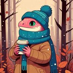 ambiguous_gender anthro autumn beverage clothing coat coffee container cup female green_eyes hat headgear headwear pink_body pink_scales plant scales scarf smile snow solo topwear tree white_body white_scales winter_clothing omgechounknown lizard reptile scalie 1:1