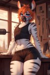 anthro black_bottomwear black_clothing black_shirt black_shorts black_tank_top black_topwear blue_eyes blushing_at_viewer bottomwear clothing hair male navel orange_hair shirt short_hair shorts stripes tank_top topwear window icefoxai equid equine mammal zebra hi_res