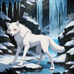 bedroom_eyes blush female feral fur ice looking_at_viewer mountains narrowed_eyes pink_eyes seductive smile snow solo stalactite water white_body white_fur wildclaw666 canid canine canis mammal wolf attempted_signature hi_res