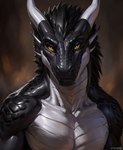 anthro attempted_signature black_body black_scales dragon gold_eyes horn looking_at_viewer male scales sharp_teeth solo teeth