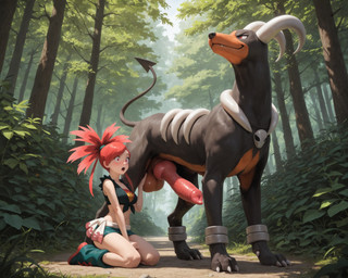 animal_genitalia animal_penis balls bestiality big_balls big_penis black_body black_fur blush bottomwear breasts butt canine_genitalia canine_penis claws clothed clothed_female clothing detailed_background digitigrade duo erection fangs female female_on_feral feral finger_claws footwear forest fur genitals gym_leader hair horn huge_penis human_on_feral imminent_sex interspecies kneeling knot larger_feral larger_male looking_at_another looking_at_genitalia looking_at_penis male male/female male_on_human open_mouth orange_body outside penis penis_awe plant pokephilia quadruped red_eyes red_hair sheath size_difference smaller_female smaller_human spade_tail surprise tail teeth thick_penis toe_claws tree vein veiny_penis unknown_director nintendo pokemon flannery_(pokemon) canid canine generation_2_pokemon houndoom human mammal pokemon_(species) hi_res