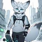 anthro canid canine city city_background fennec fox fur lucifluffy male mammal skateboard solo techwear white_body white_fur wilek